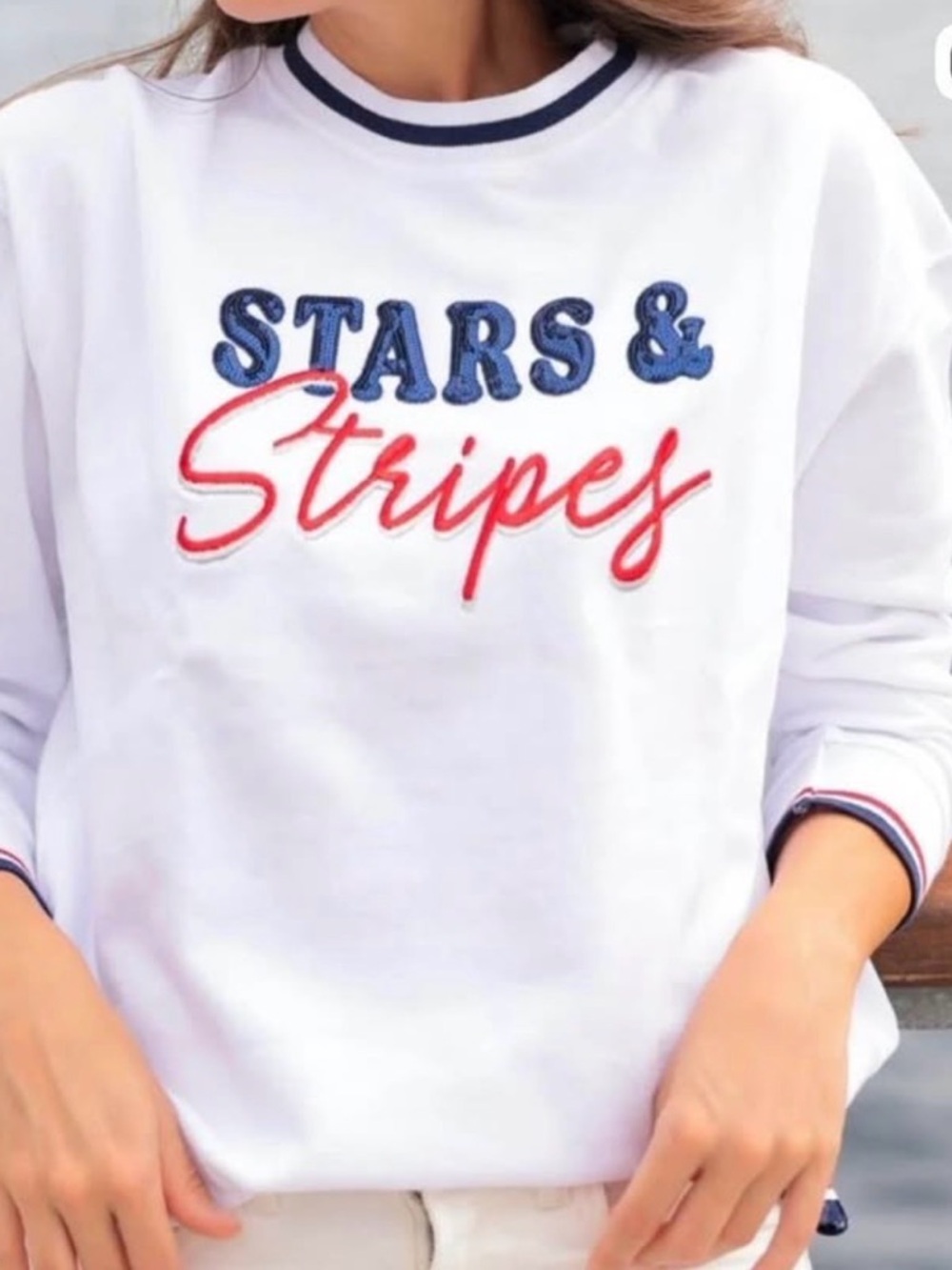 Shiraleah White Sweatshirt with Navy Trim and Embroidered Navy Text